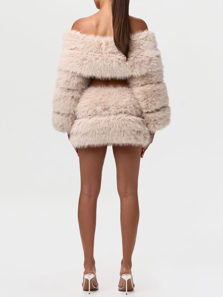 Faux Fur Off Shoulder Two Pieces Dress